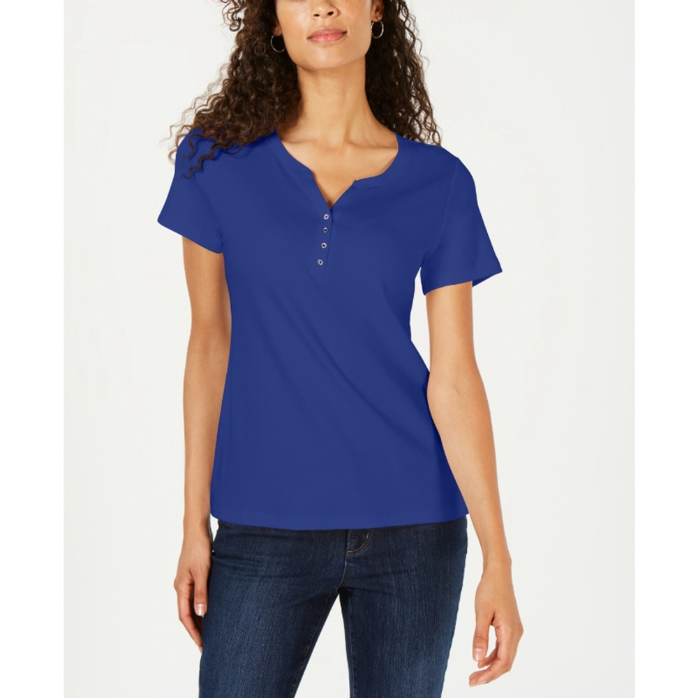 Karen Scott Women's Large Petite Bright Blue 100% Cotton Henley Top NWT